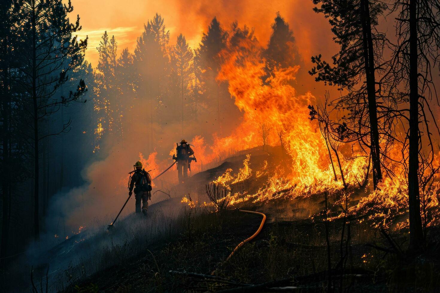 ai generado cuatro bomberos caminar mediante un bosque con llamas foto
