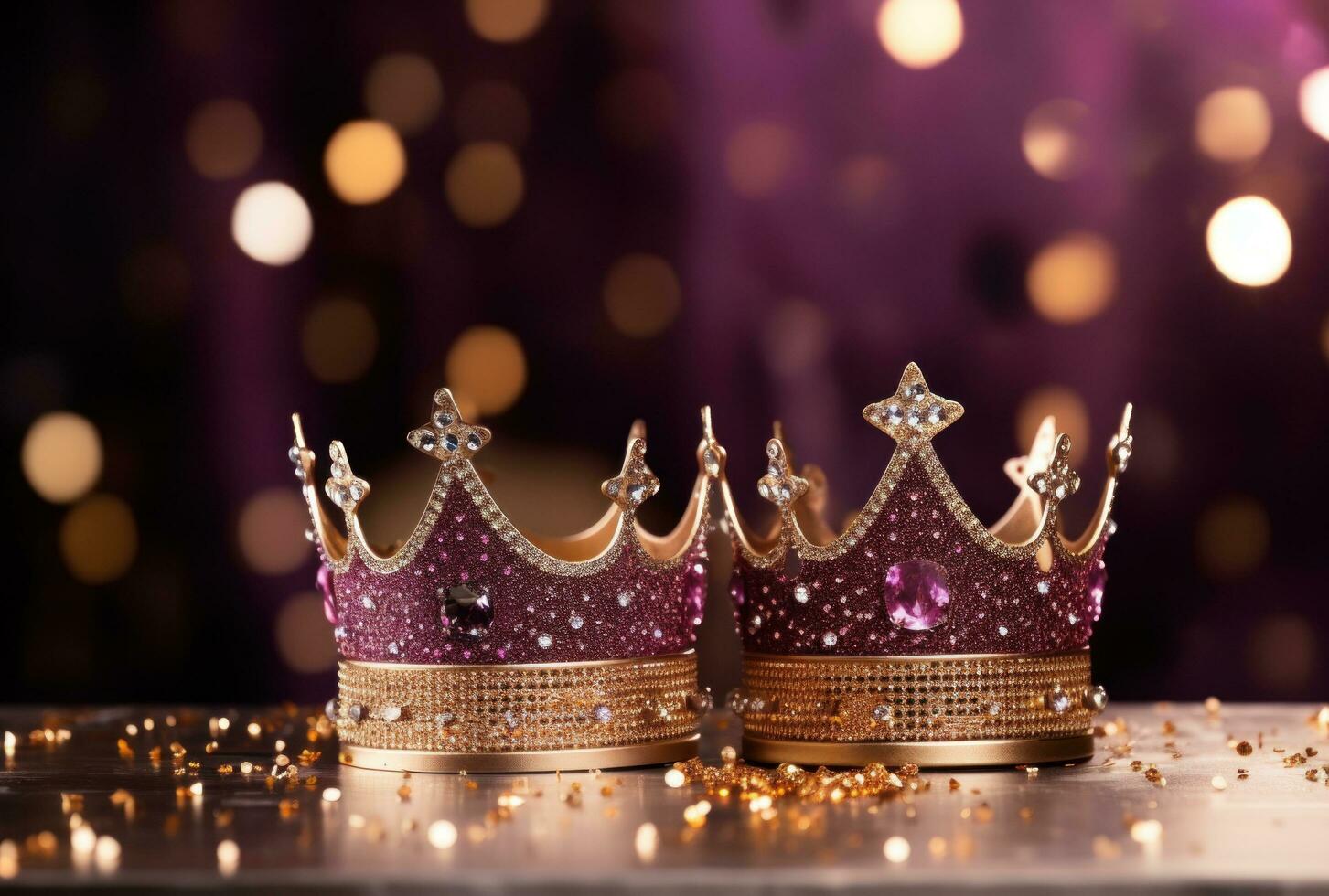 AI generated crowns with sparkles and glitters on a table photo