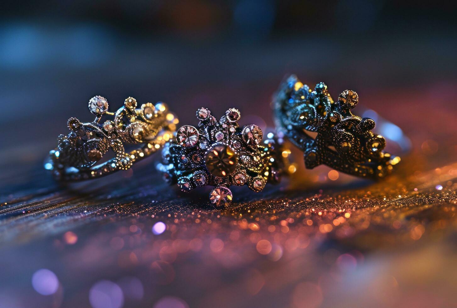 AI generated crowns with sparkles and glitters on a table photo