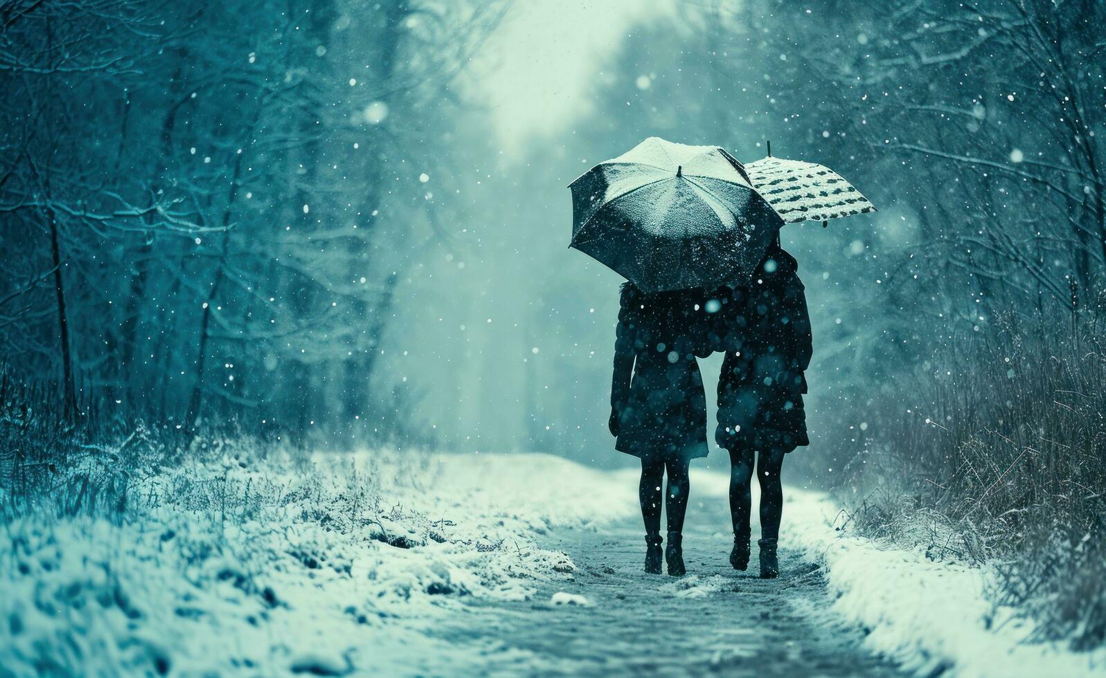 AI generated couple walking hand in hand in rainy day with umbrella in rain photo