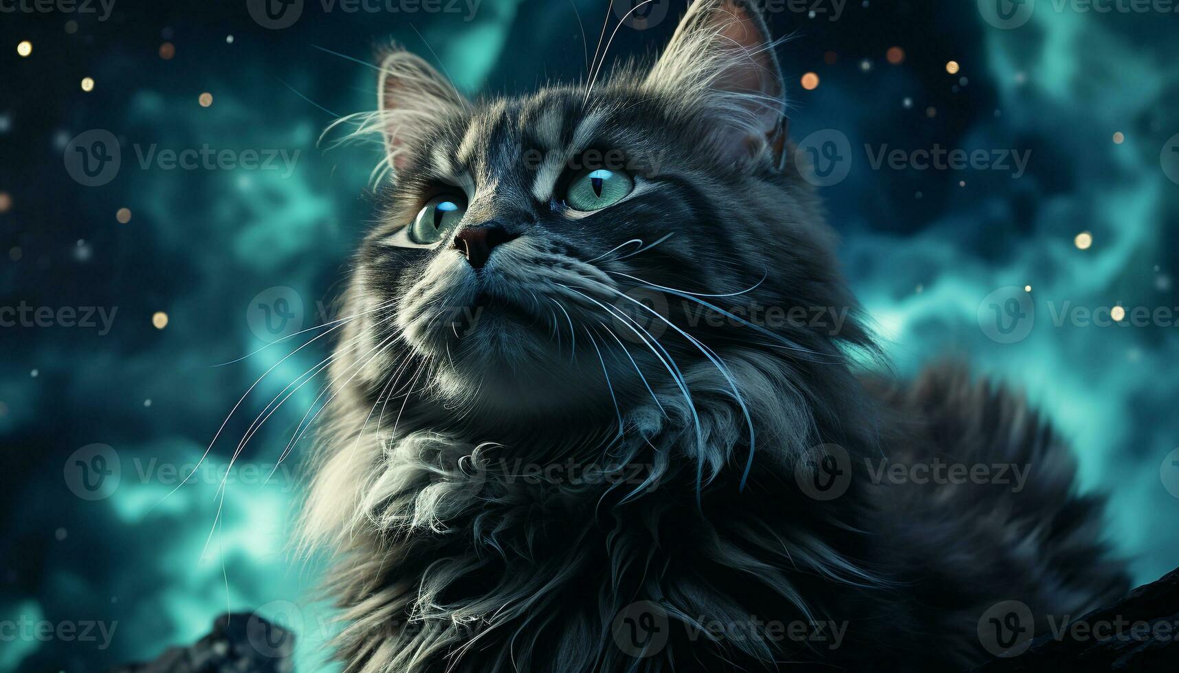 AI generated Cute kitten sitting, looking at camera, with fluffy fur generated by AI photo