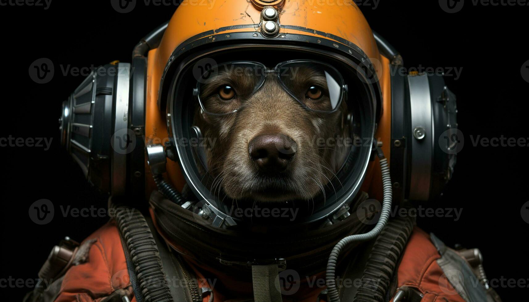 AI generated Cute bulldog puppy wearing a motorcycle helmet looks at camera generated by AI photo