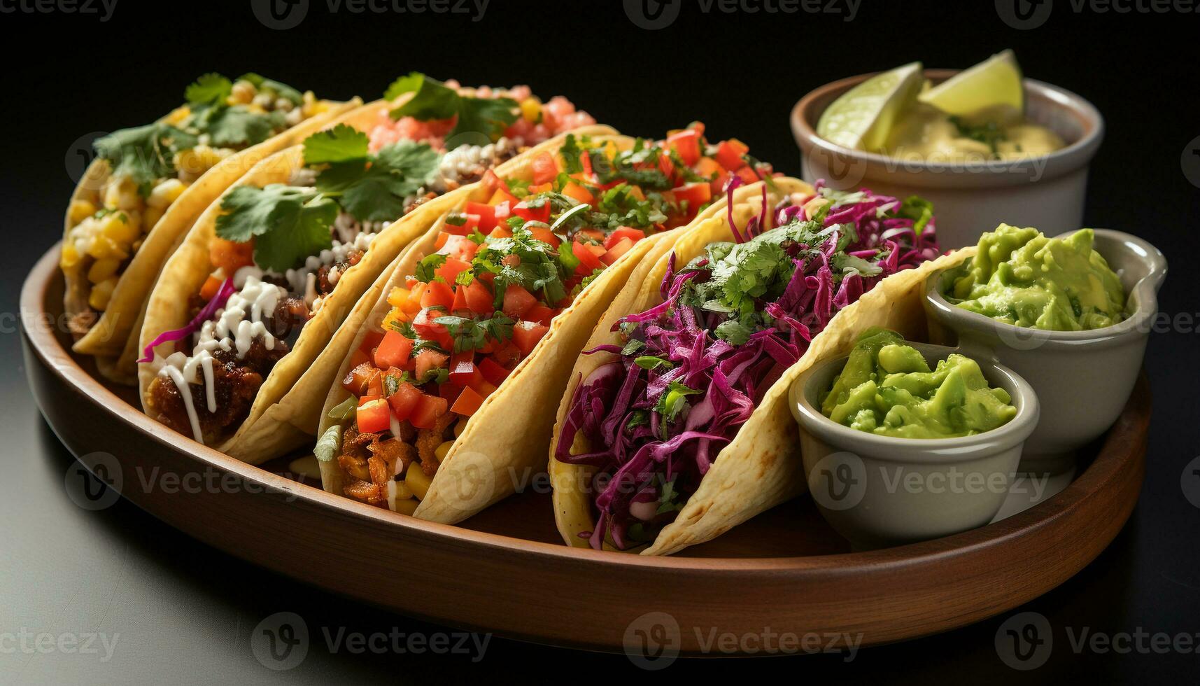 AI generated Homemade beef taco with guacamole, cilantro, and shredded cheese generated by AI photo