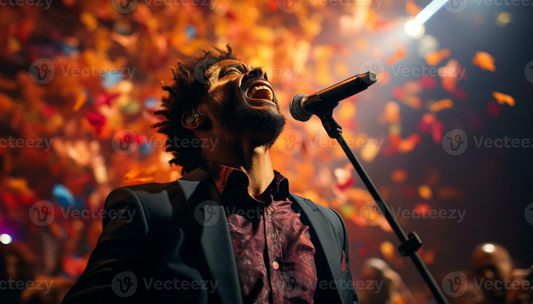 AI generated Young adult musician performing rock music on stage with guitar generated by AI photo