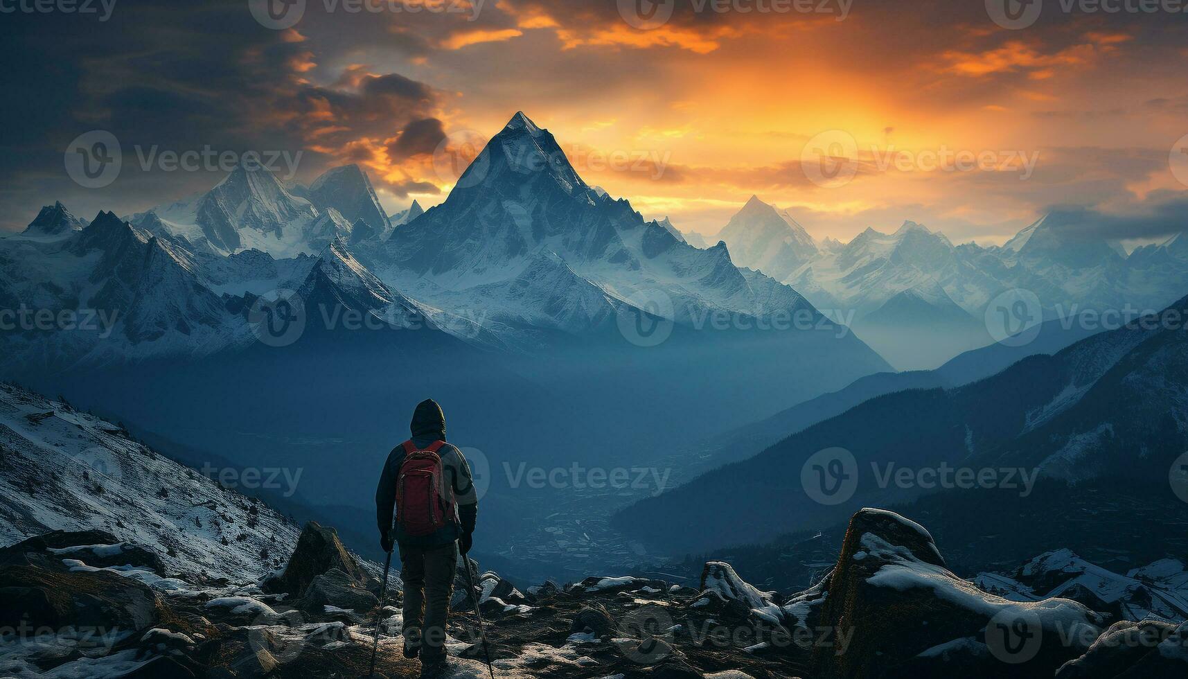 AI generated One person hiking, conquering mountain peaks, exploring majestic landscapes generated by AI photo