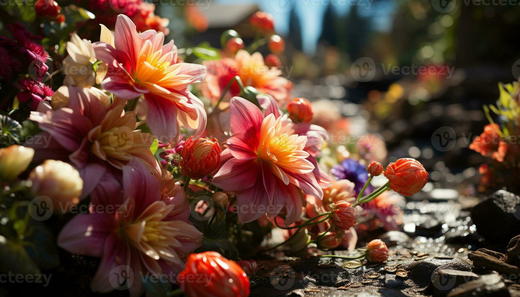 AI generated A vibrant bouquet of colorful flowers decorates the garden generated by AI photo