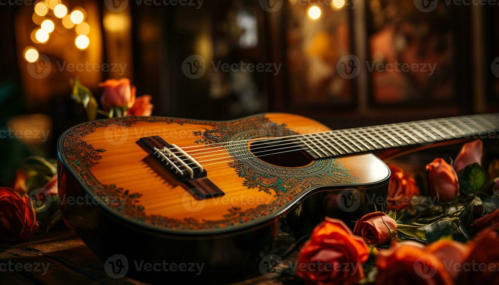 AI generated Guitarist playing acoustic guitar, creating beautiful music indoors generated by AI photo