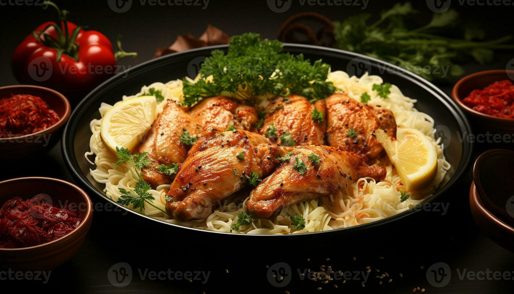 AI generated Grilled chicken leg with fresh vegetables, a healthy barbecue meal generated by AI photo
