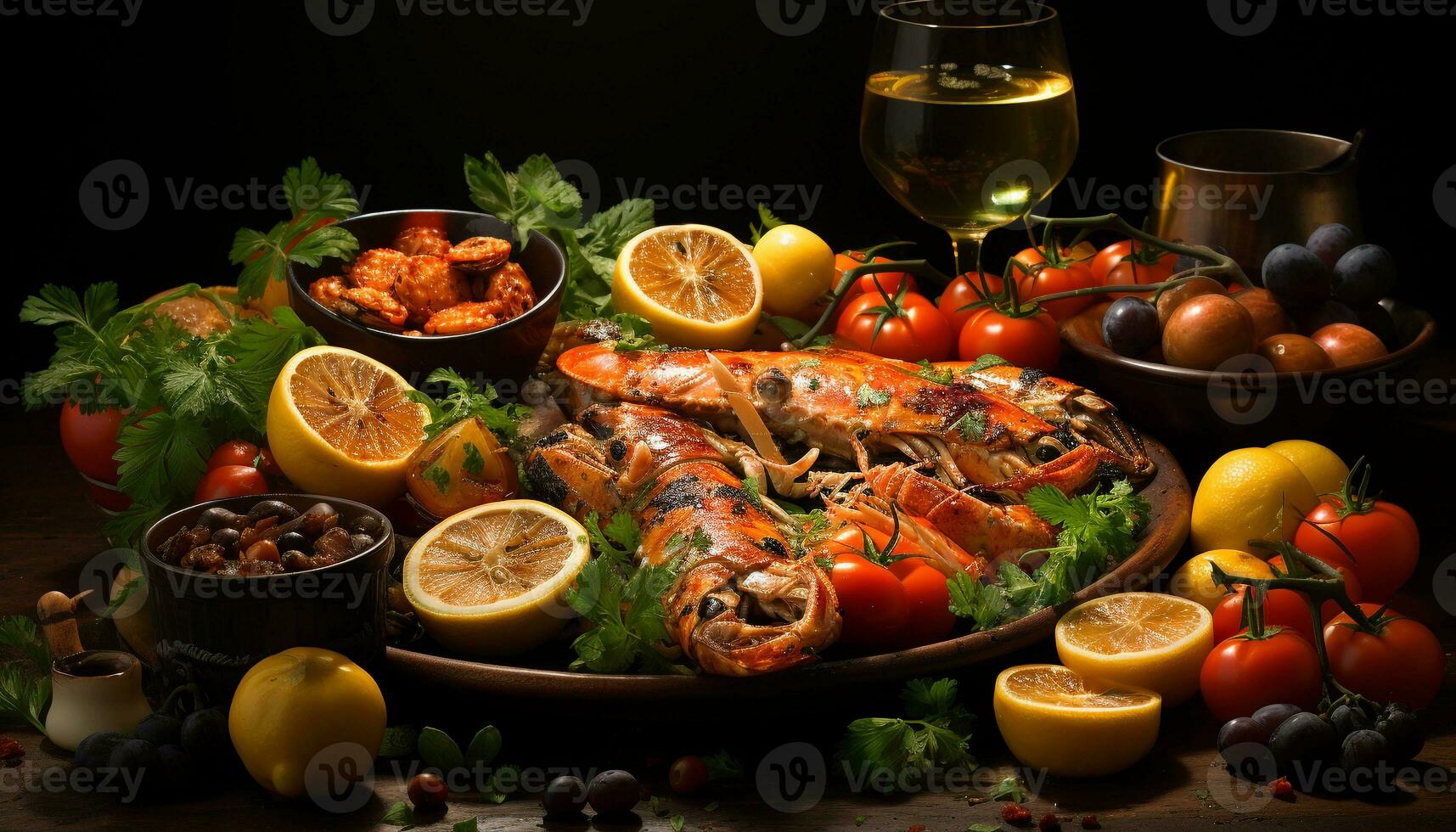 AI generated Fresh seafood meal with lemon, tomato, and parsley garnish generated by AI photo