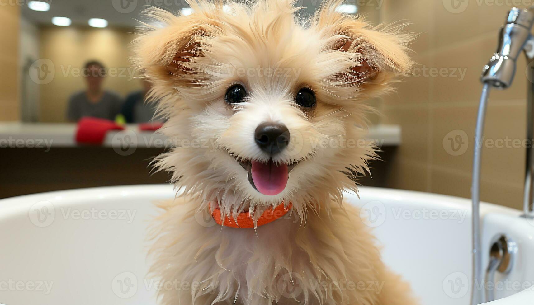 AI generated Cute puppy sitting in bathtub, looking at camera, wet fur generated by AI photo