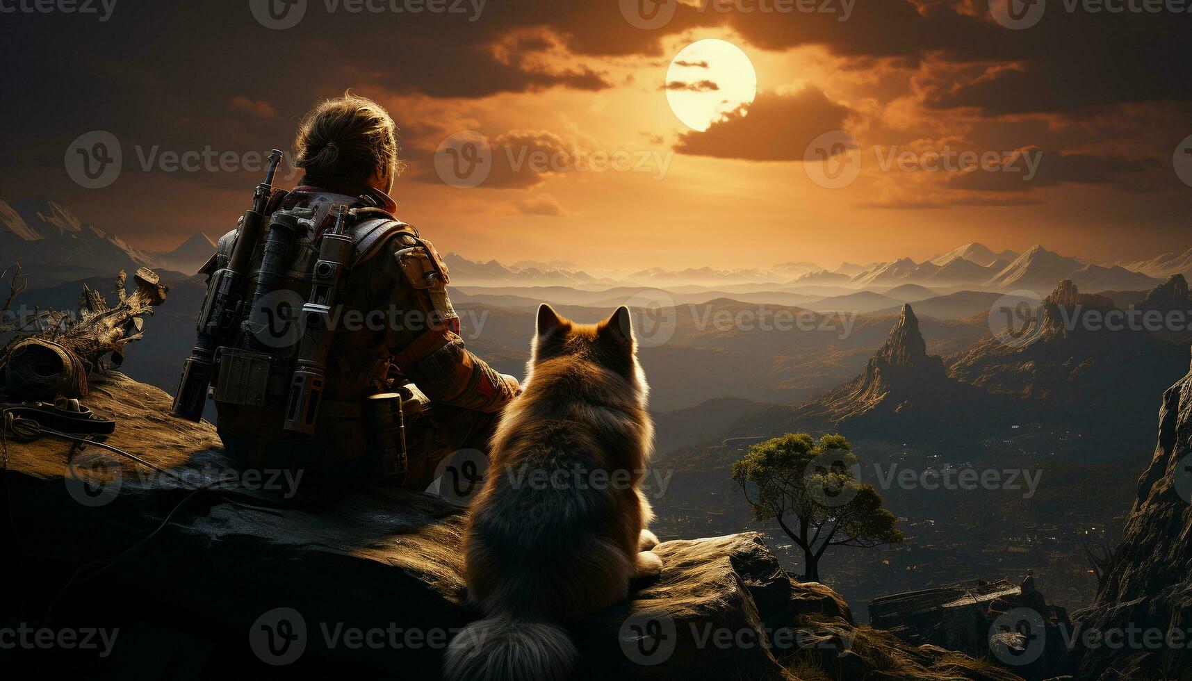 AI generated Majestic dog hiking mountain peak, enjoying nature beauty generated by AI photo