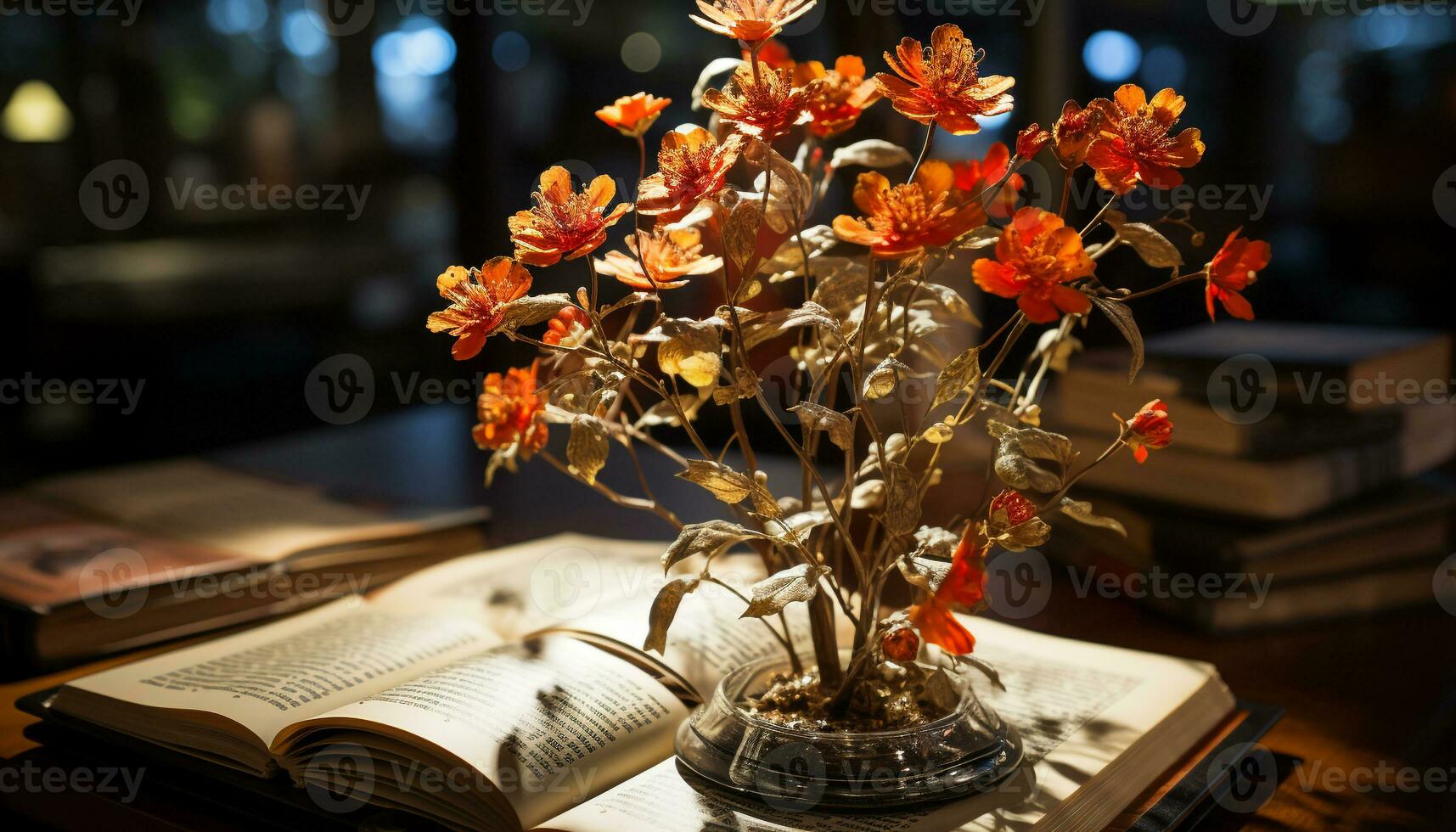 AI generated Fresh flower bouquet on table brings nature indoors to library generated by AI photo