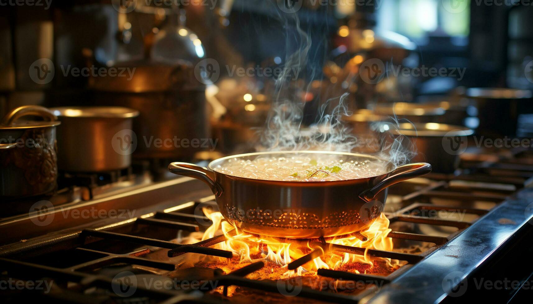 AI generated Burning flame, cooking pan, boiling soup, fresh meal, stove top generated by AI photo