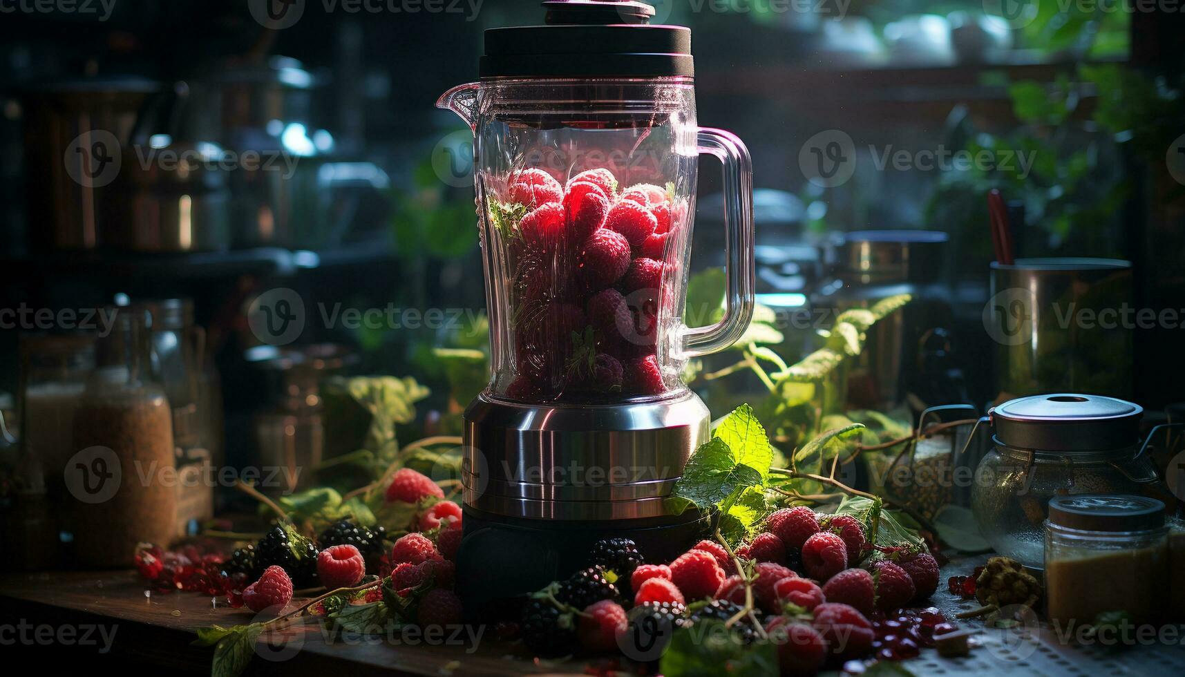 AI generated Freshness in a jar organic berry smoothie on wooden table generated by AI photo