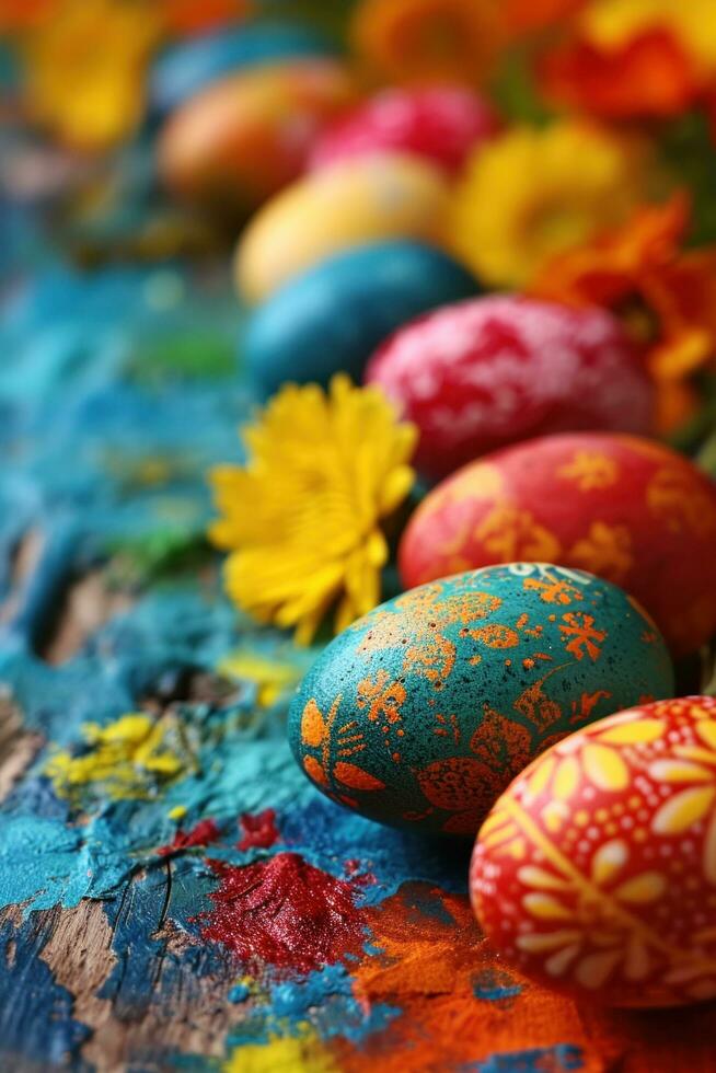AI generated Vibrant background, colorful eggs, festive decorations photo
