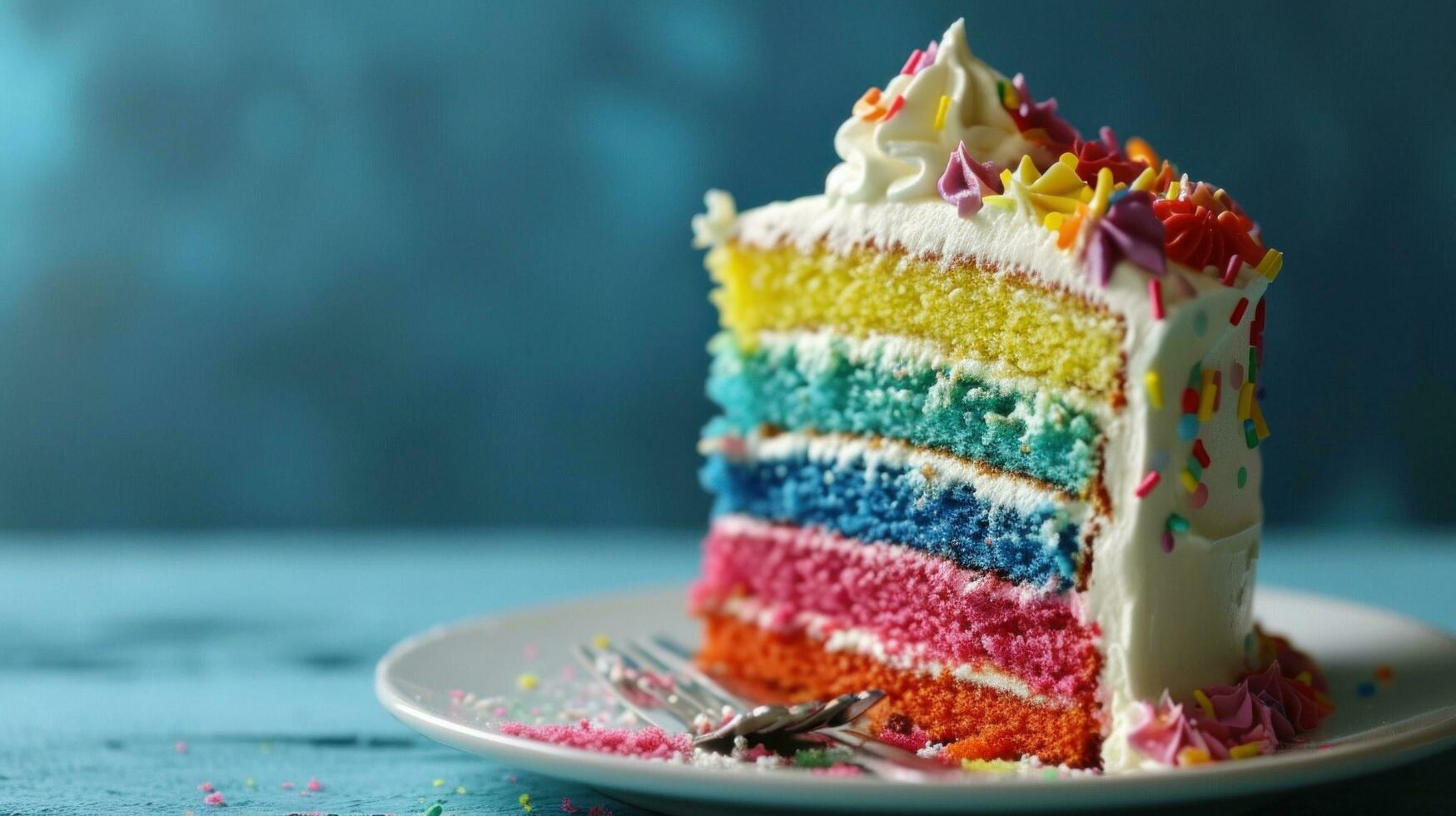 AI generated Delicious Rainbow Cake with Whipped Cream Topping photo