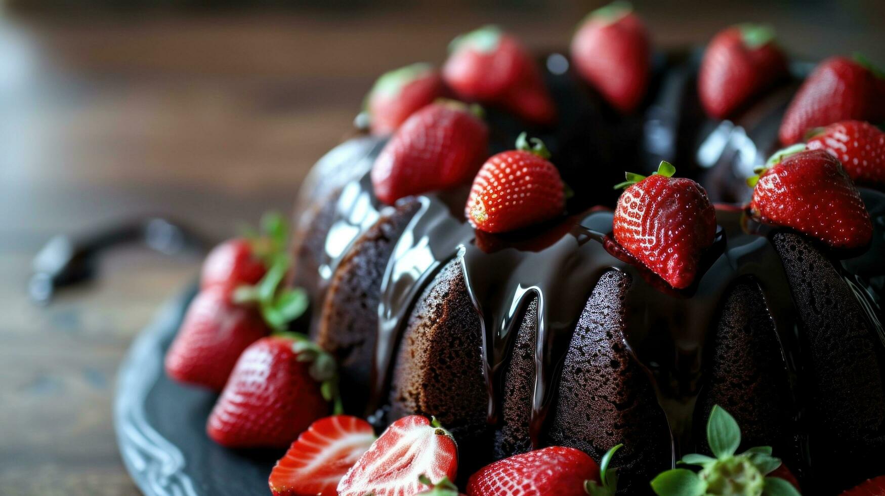 ai generado oscuro chocolate bundt pastel con ganache Formación de hielo y fresa foto