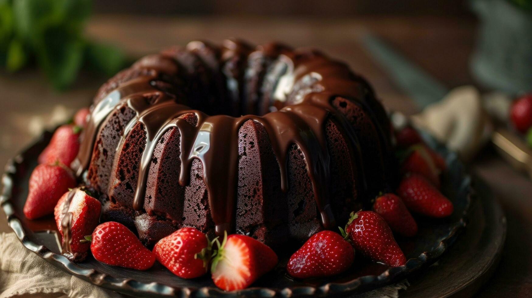 AI generated Dark Chocolate Bundt Cake with Ganache Icing and Strawberry photo
