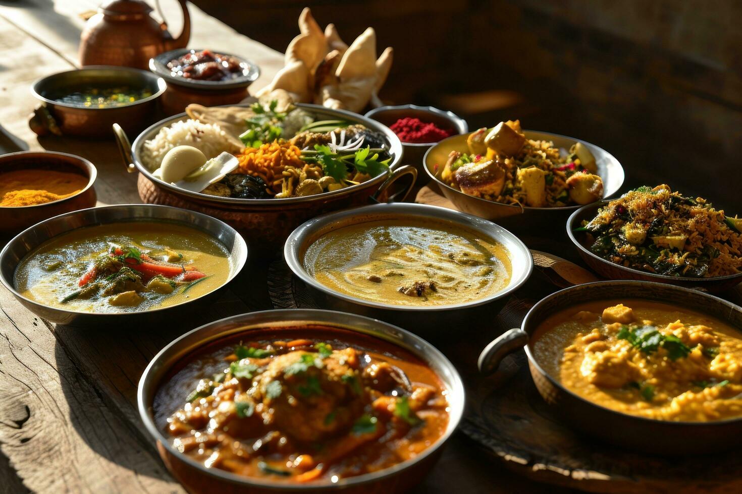 AI generated multiple dishes of indian cuisine on wood photo