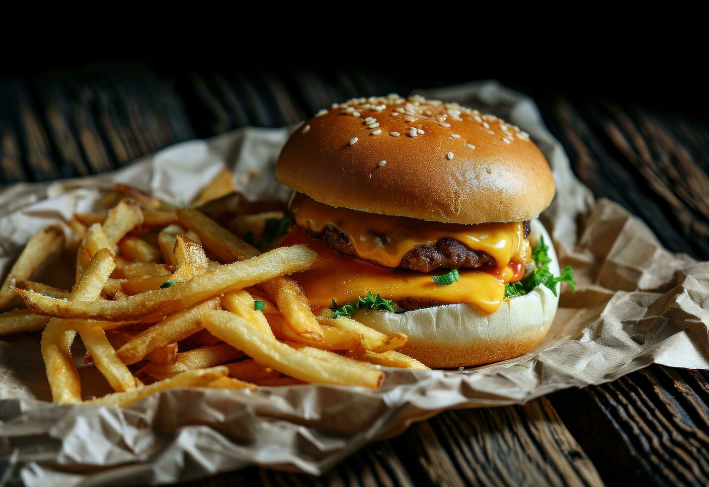 AI generated french fries are placed on a paper and cheeseburger photo