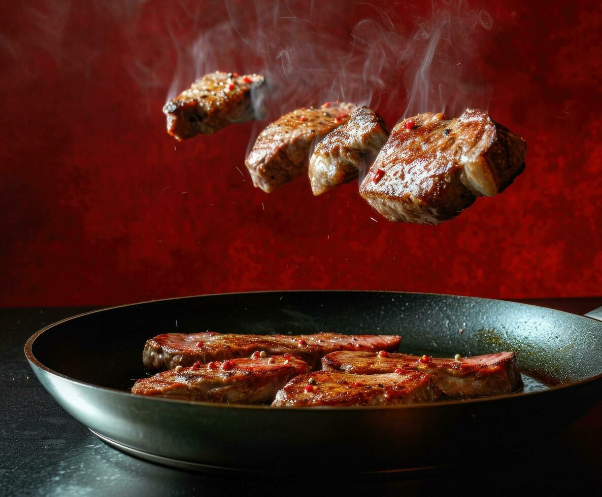AI generated five meats flying out of a pan photo