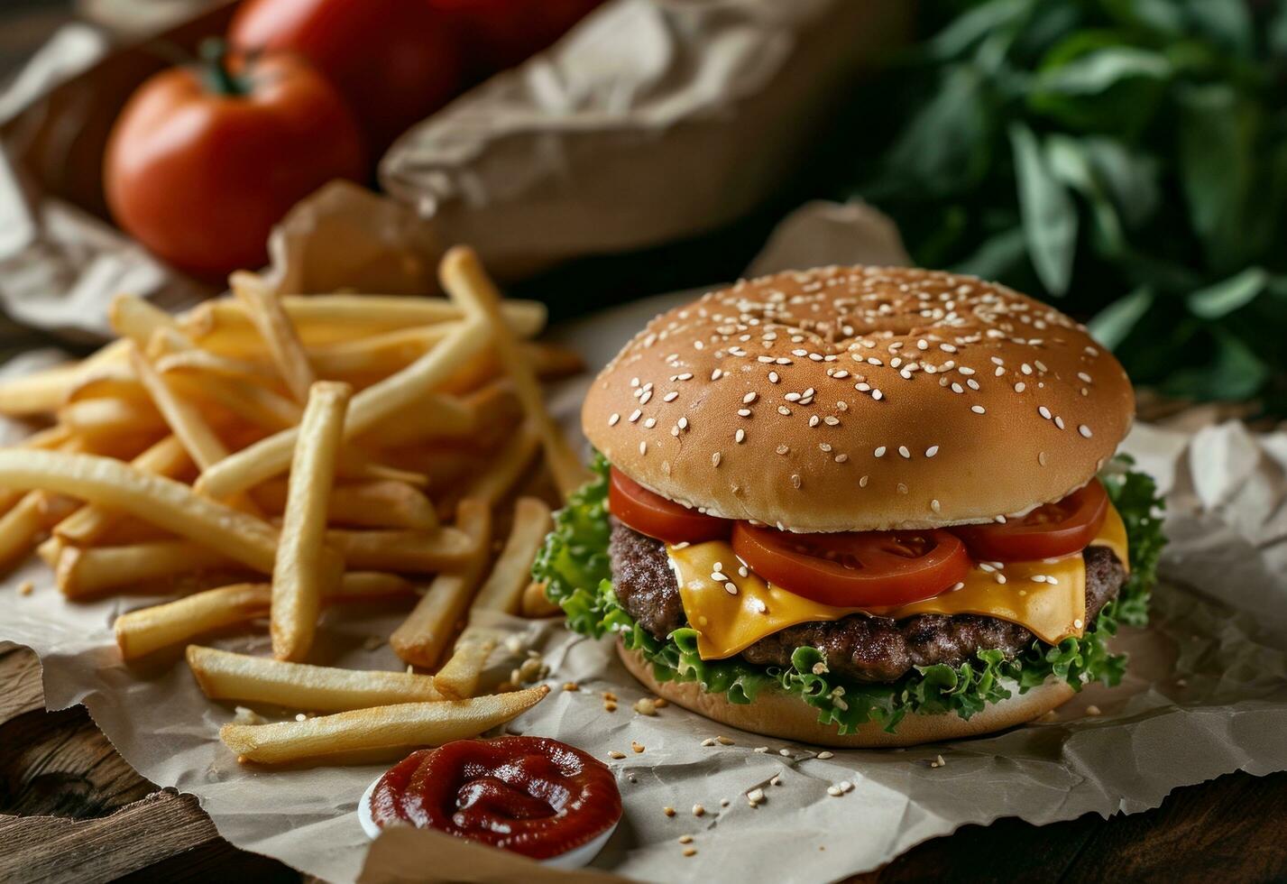 ai generado francés papas fritas son metido en un papel y hamburguesa con queso foto