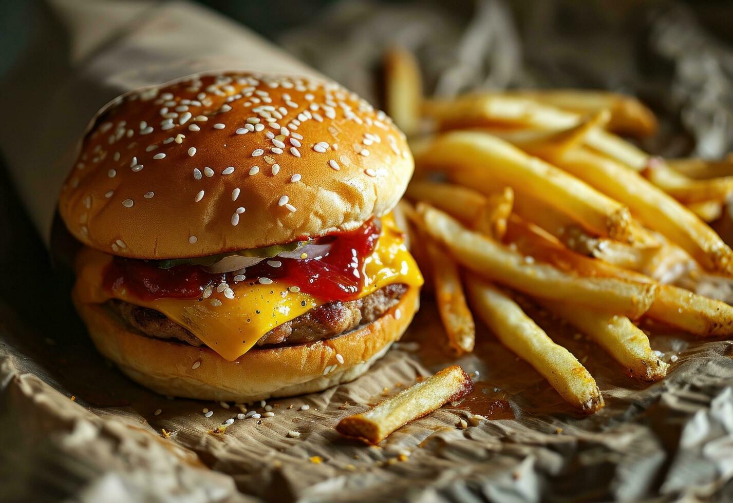 AI generated french fries are placed on a paper and cheeseburger photo