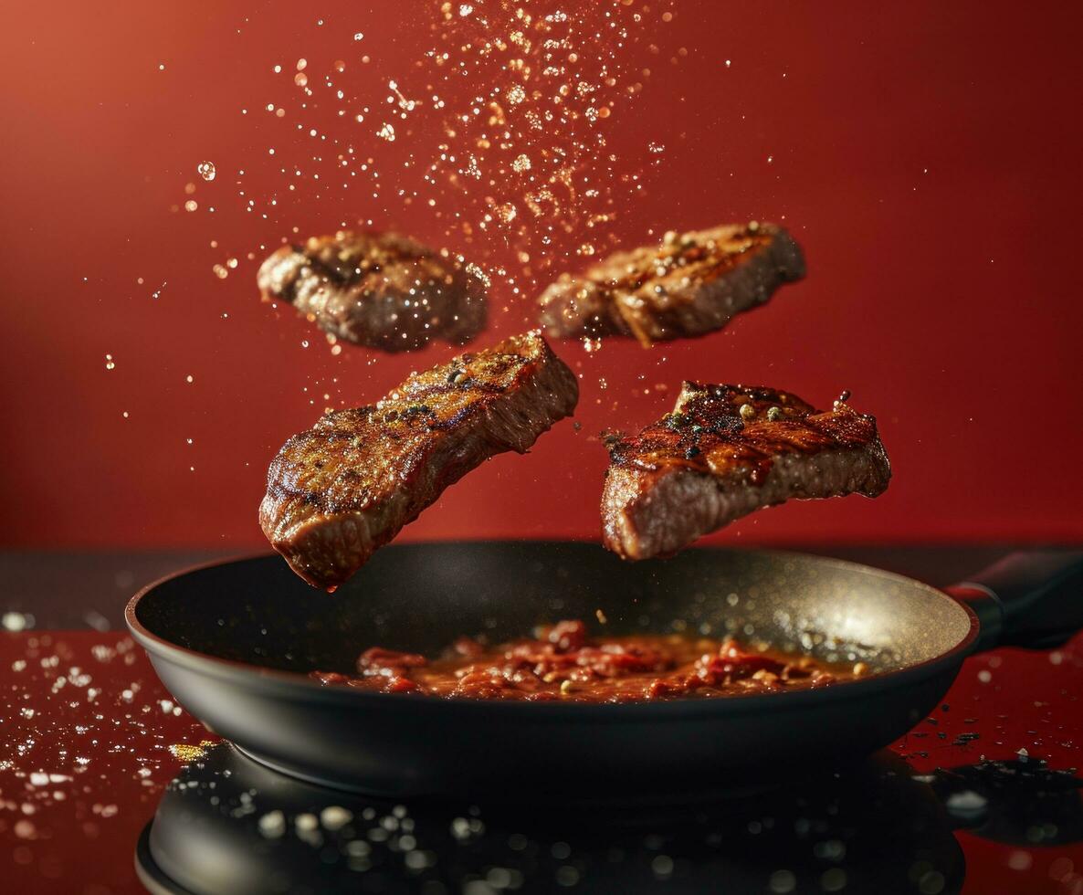AI generated five meats flying out of a pan photo