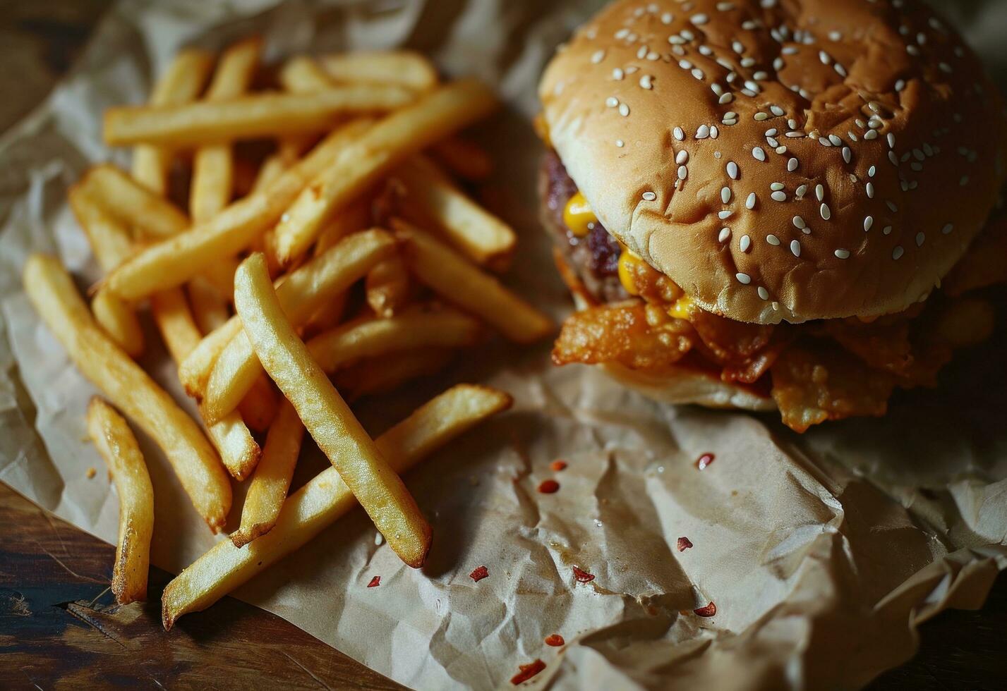 AI generated french fries are placed on a paper and cheeseburger photo