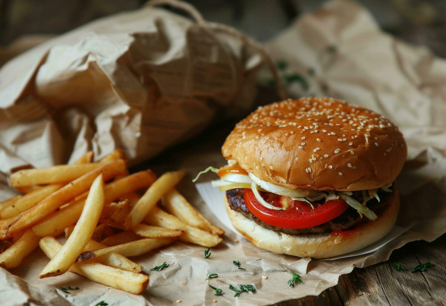 ai generado francés papas fritas son metido en un papel y hamburguesa con queso foto