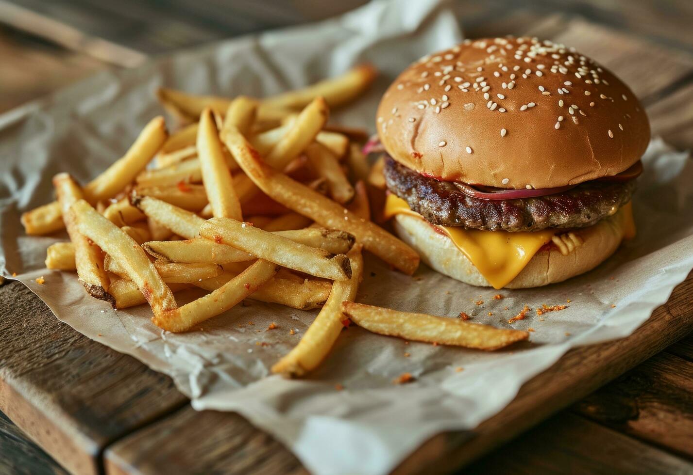AI generated french fries are placed on a paper and cheeseburger photo