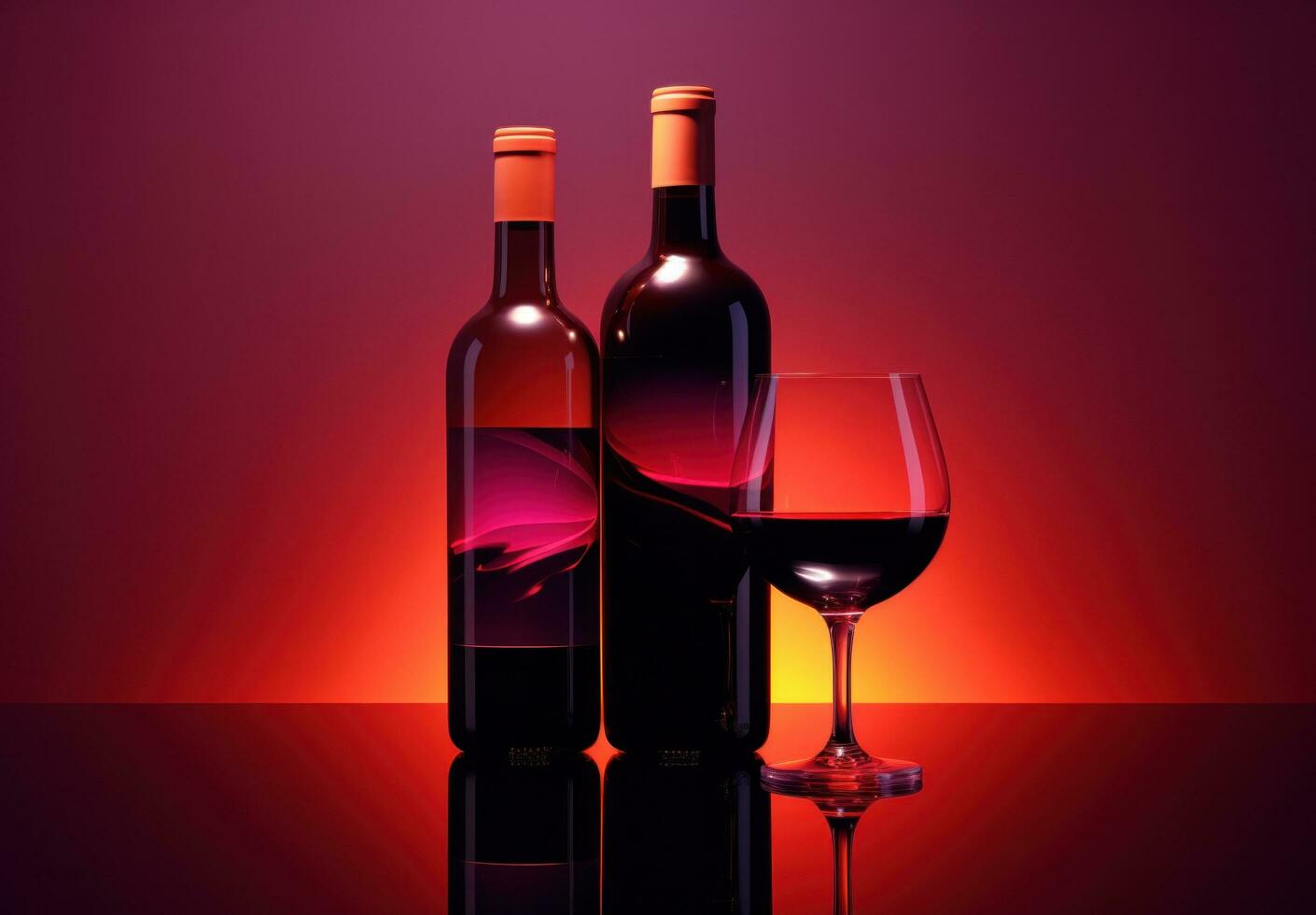 AI generated glass of wine and two red wine bottles photo