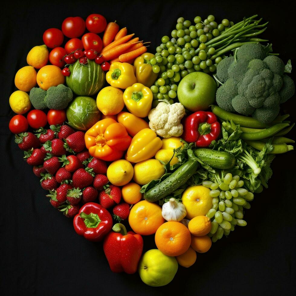 AI generated heart shape by various vegetables and fruit photo