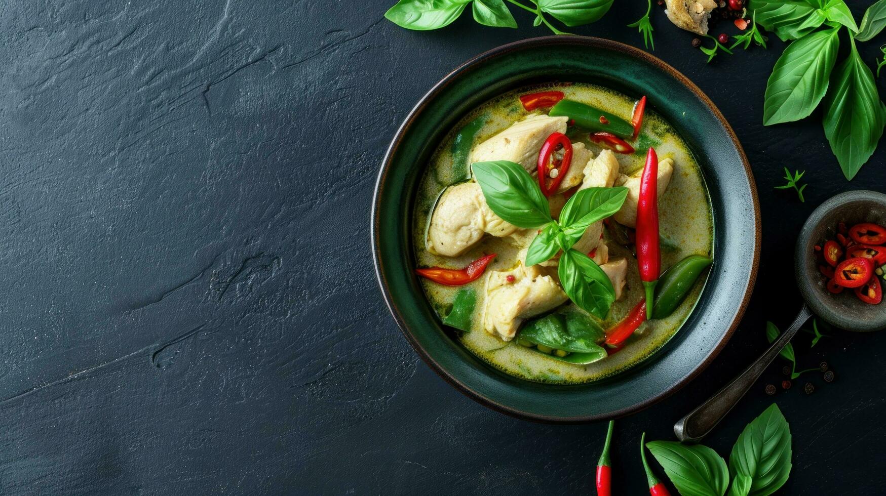 AI generated Green curry with chicken in bowl on dark background photo