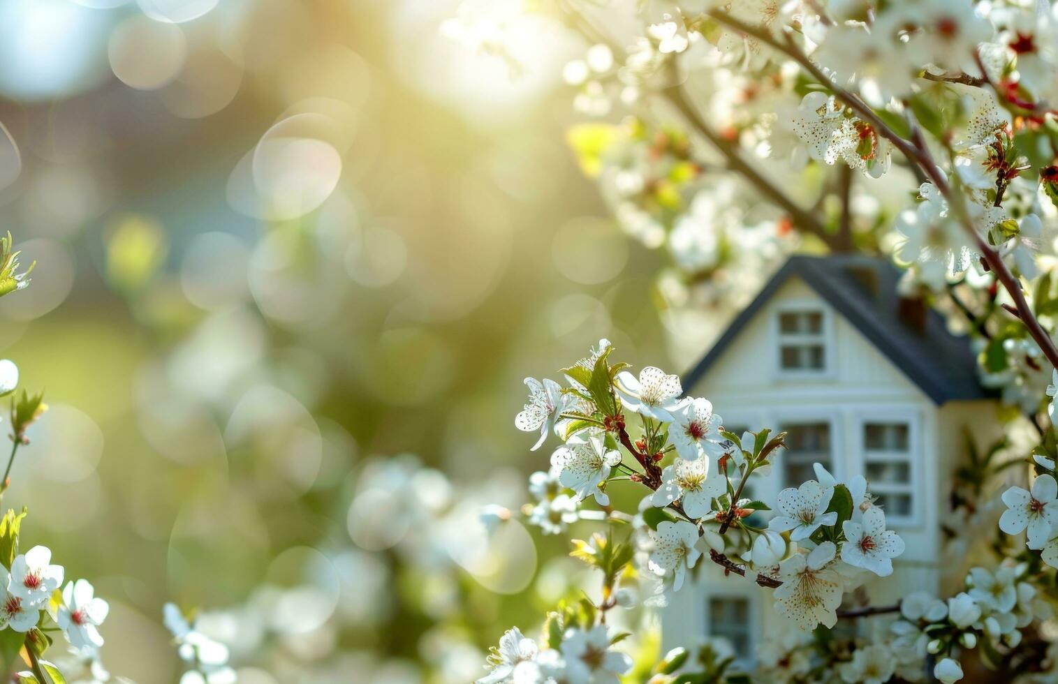 AI generated house house design on the blossom tree on spring photo
