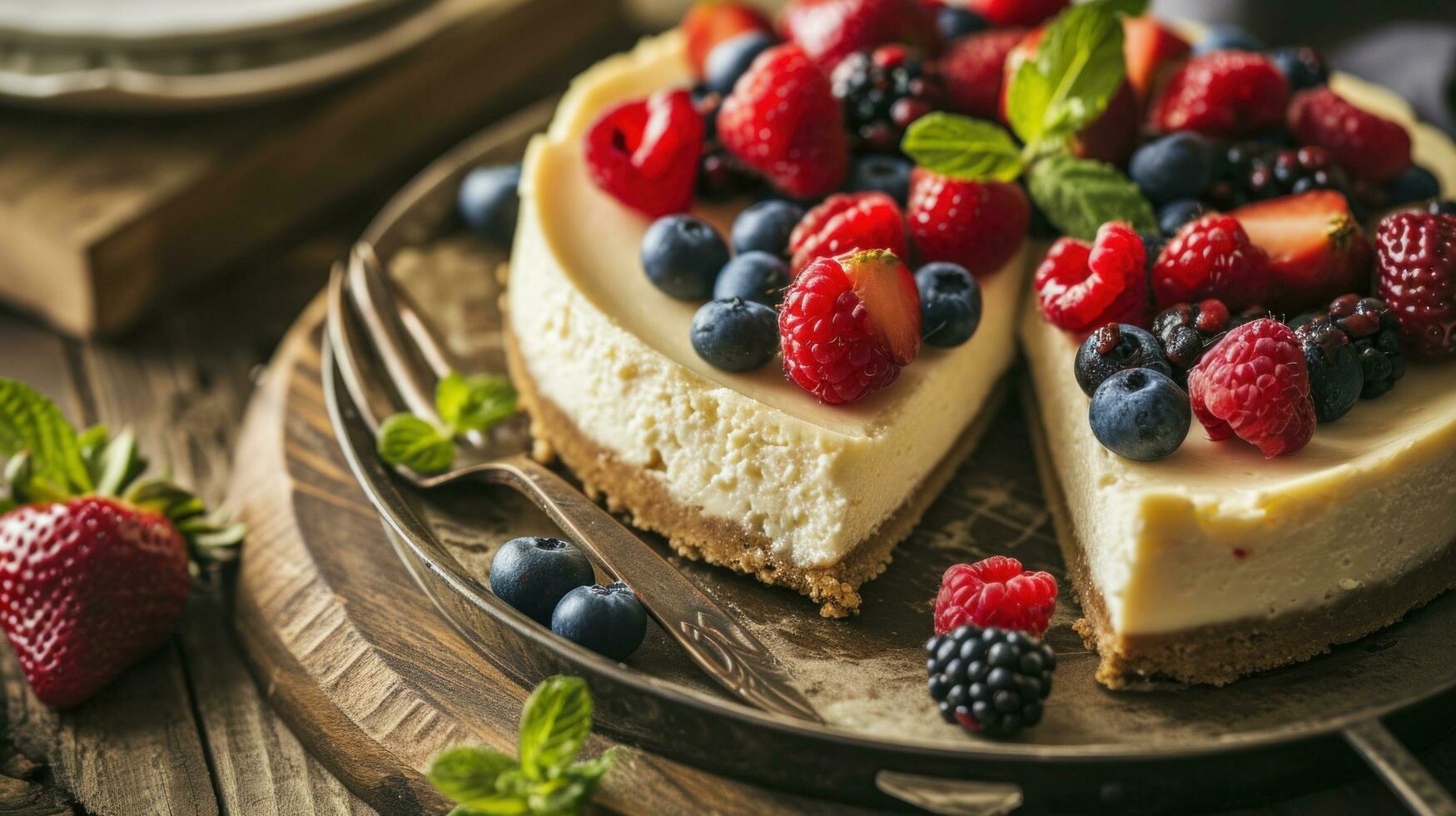 ai generado hecho en casa tarta de queso con Fresco bayas y menta para postre foto