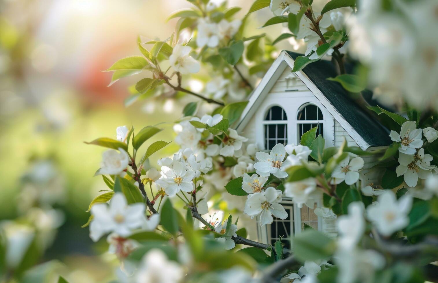 AI generated house house design on the blossom tree on spring photo