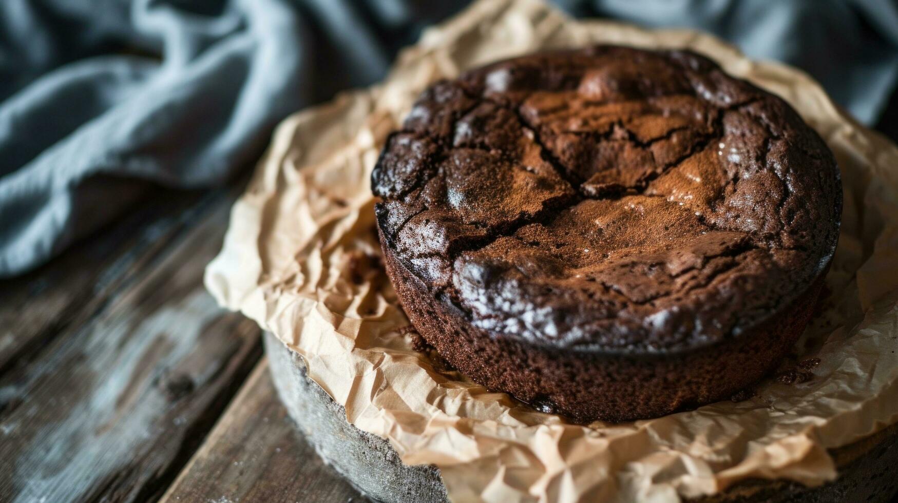 AI generated Homemade chocolate cake on baking paper, rustic style photo