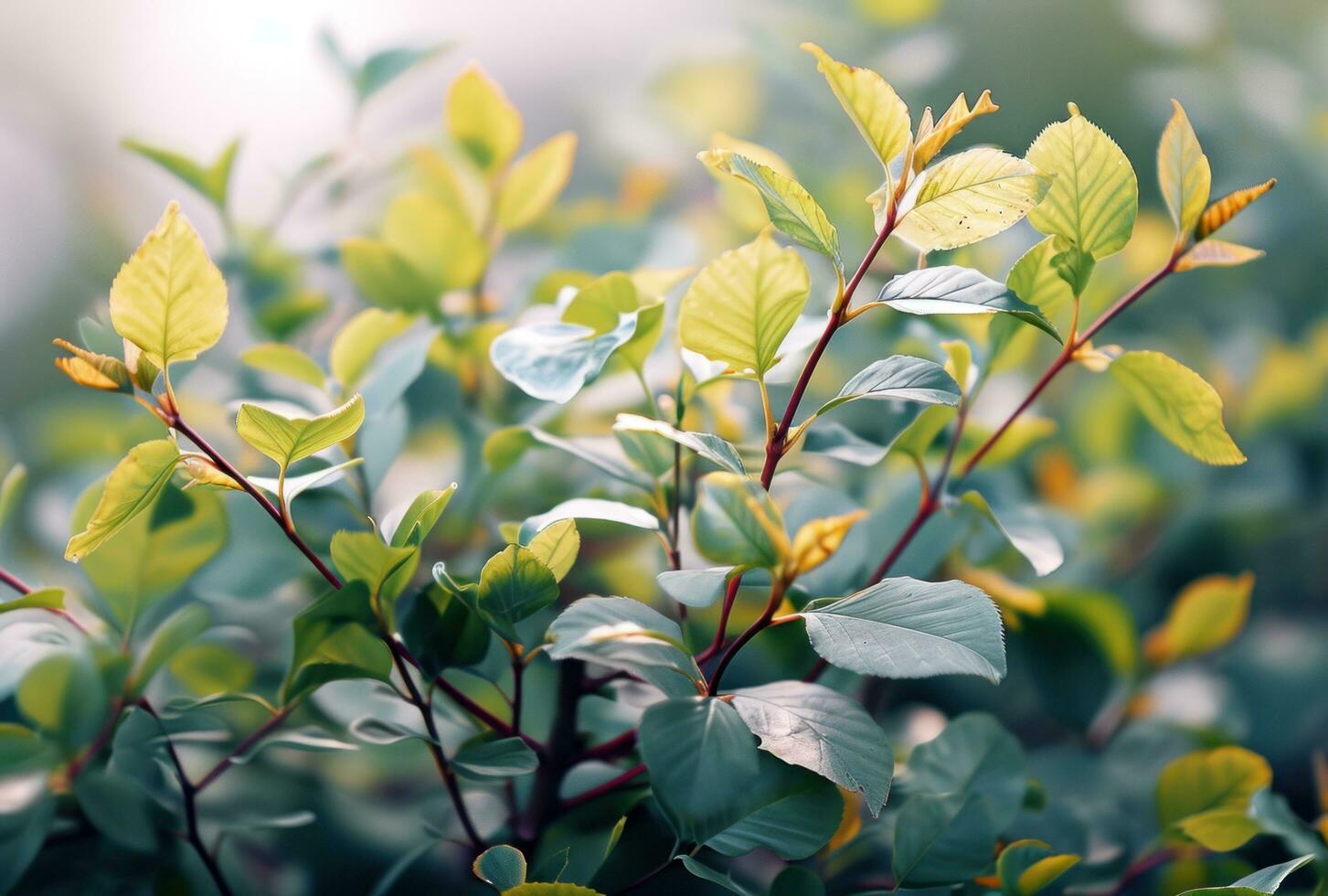 AI generated green leaves and green branches in full bokeh effect photo