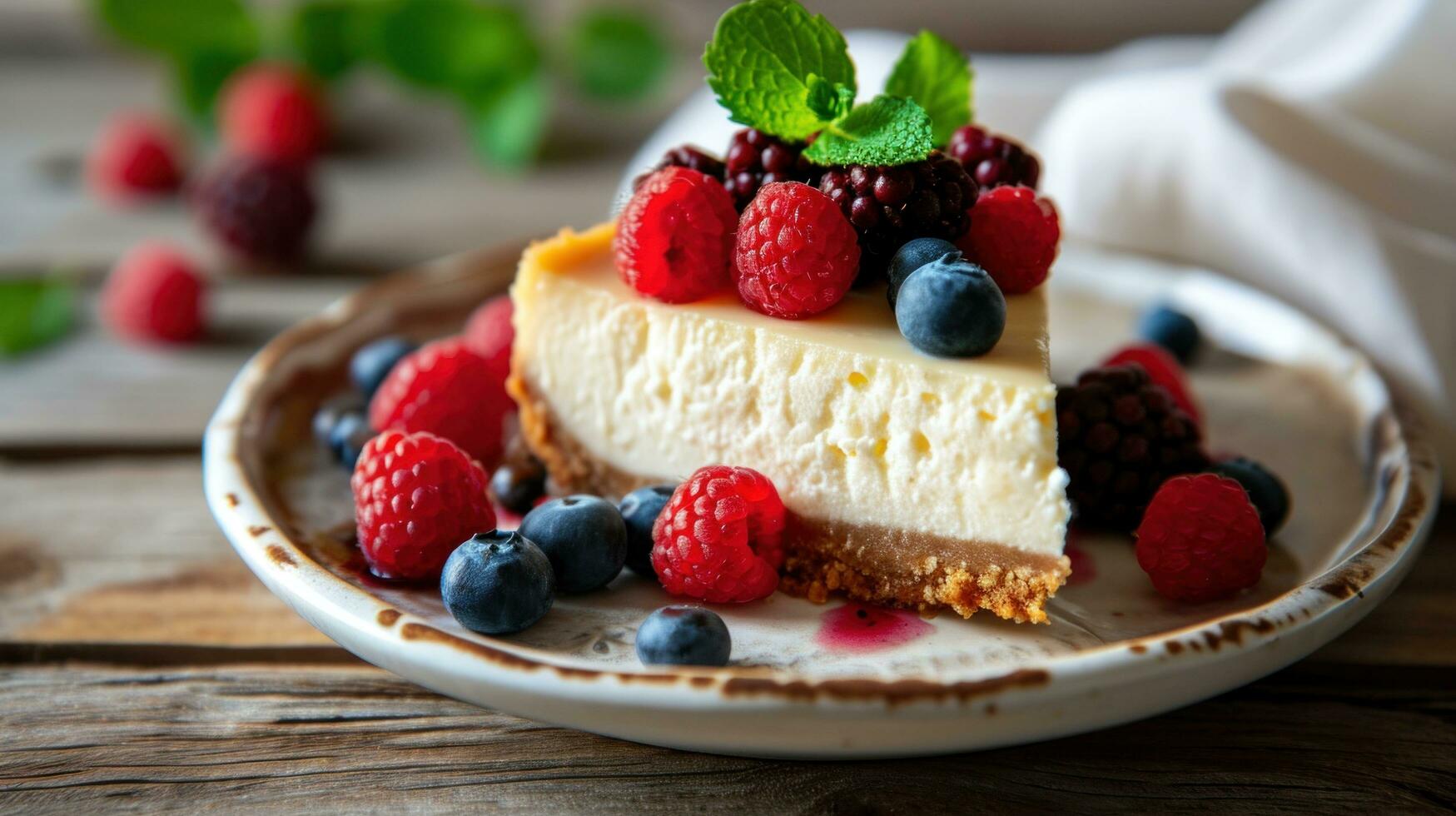 AI generated Homemade cheesecake with fresh berries and mint for dessert photo