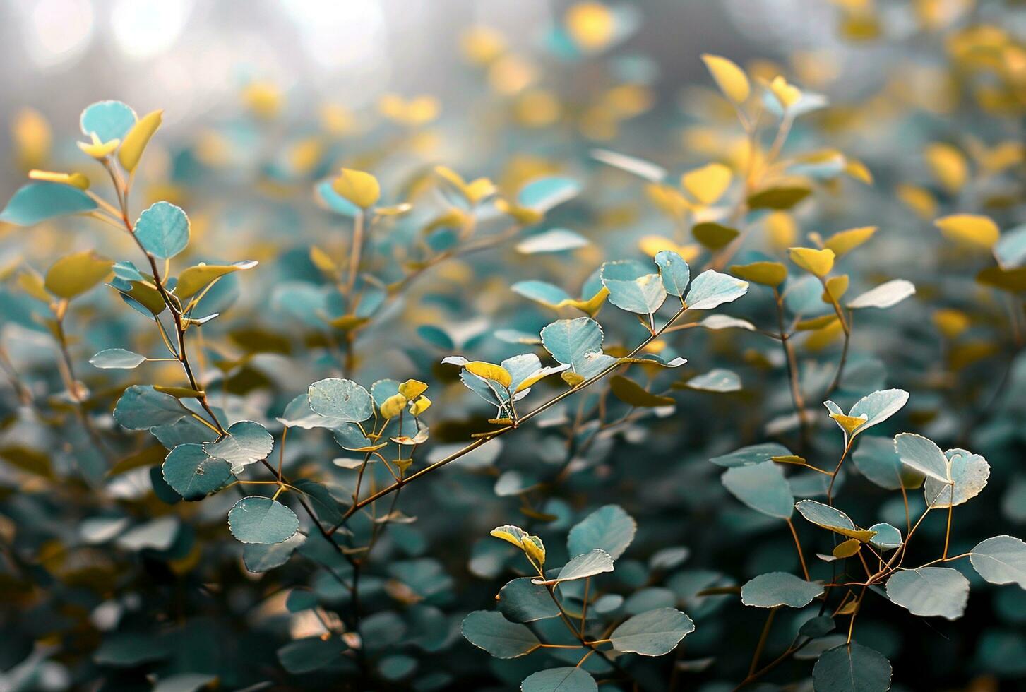 AI generated green leaves and green branches in full bokeh effect photo