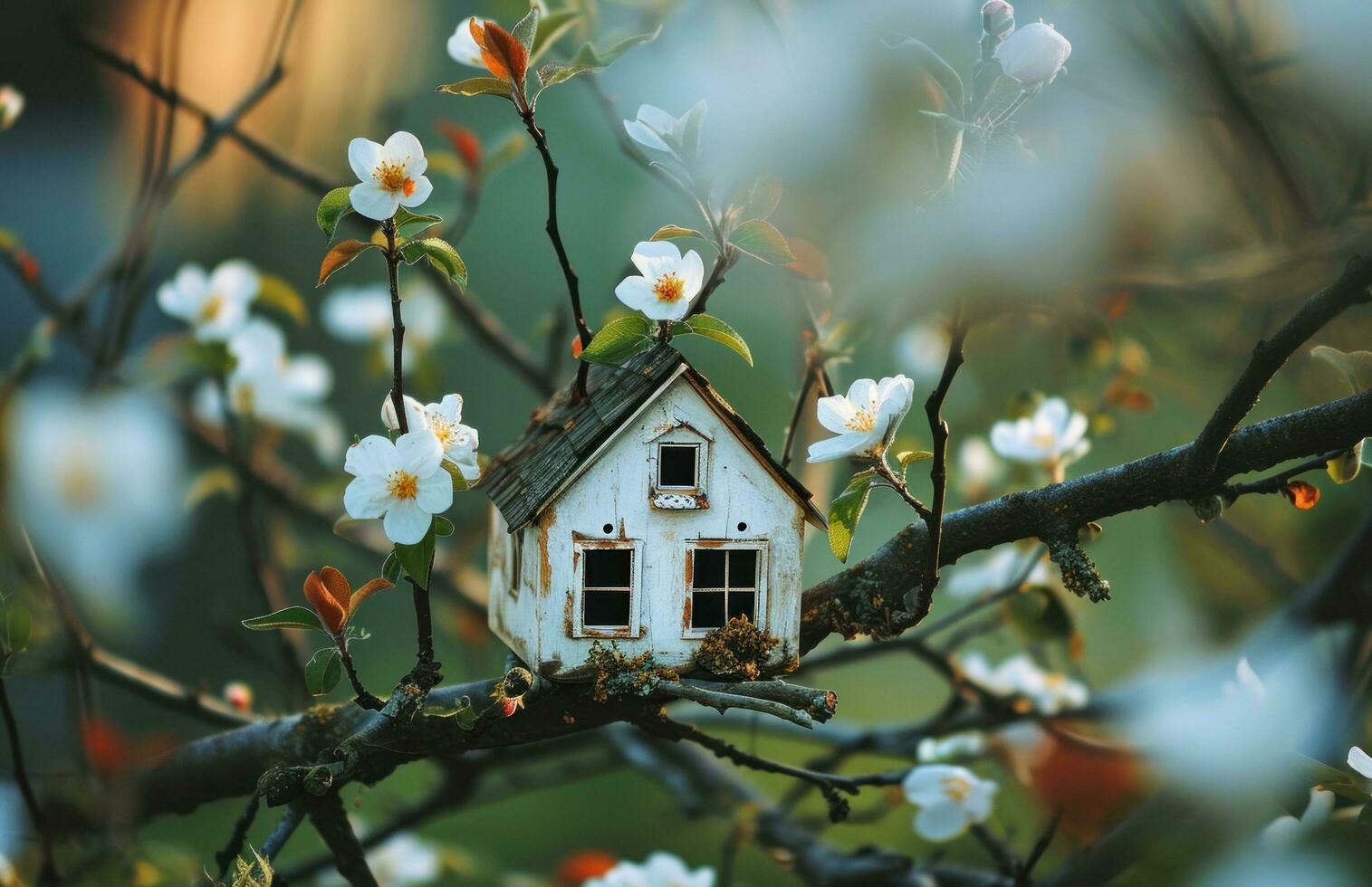 AI generated house house design on the blossom tree on spring photo