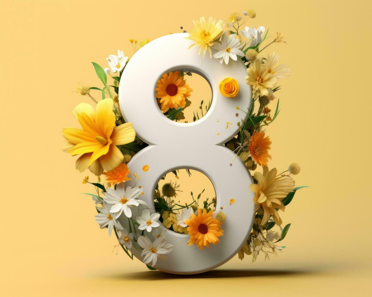 AI generated number 8 in white with yellow flowers photo