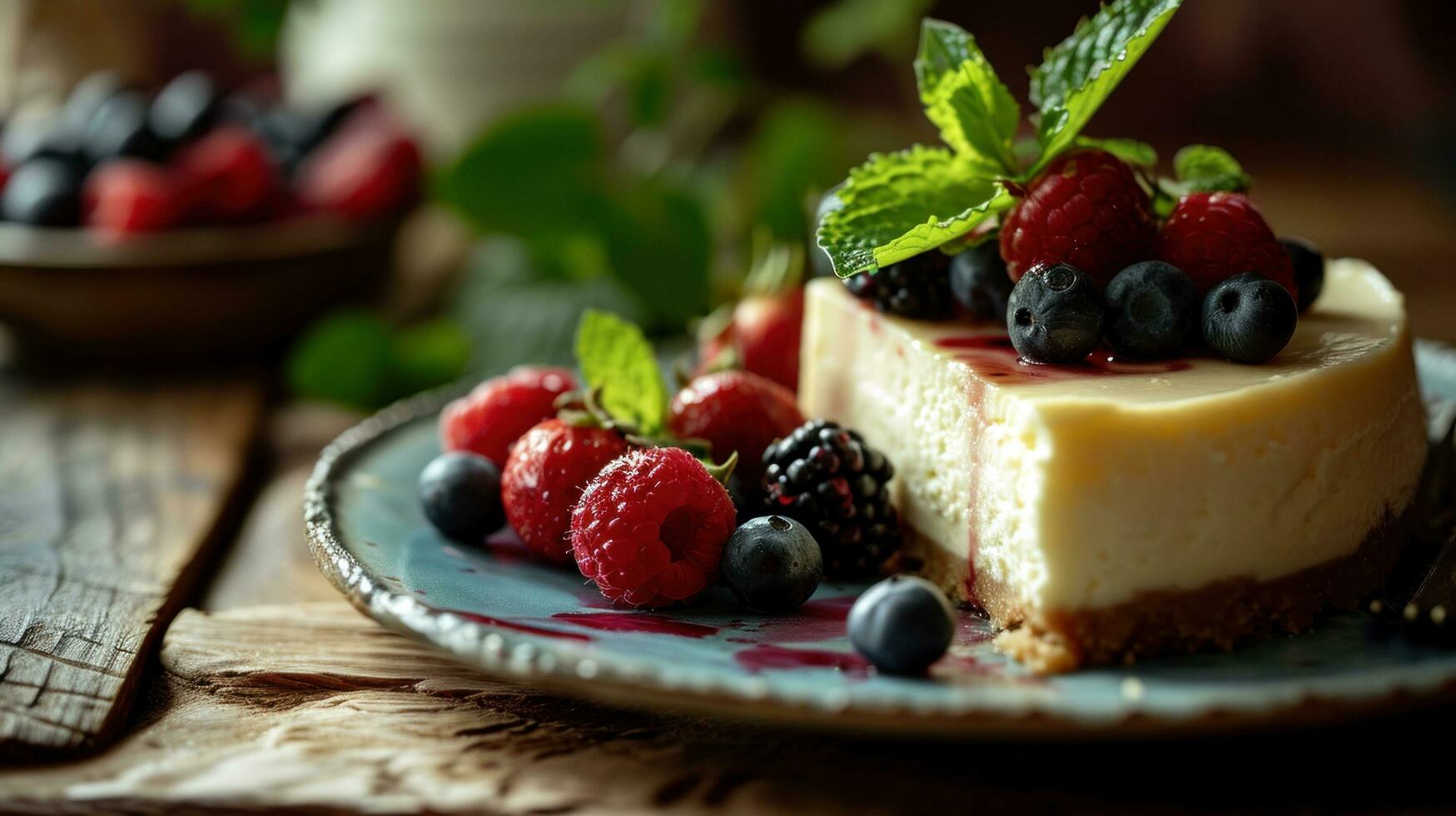 AI generated Homemade cheesecake with fresh berries and mint for dessert photo