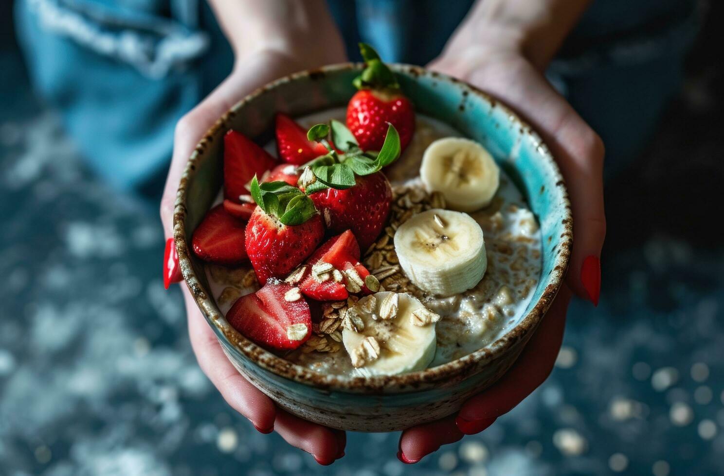 ai generado personas participación un cuenco de harina de avena con fresas y bananas foto