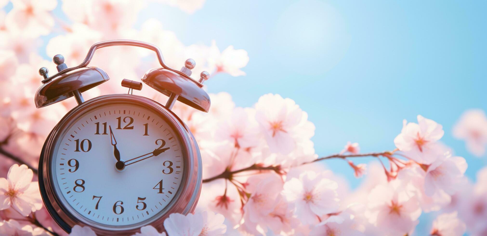 AI generated an alarm clock next to a blossoming cherry tree on a wooden deck photo