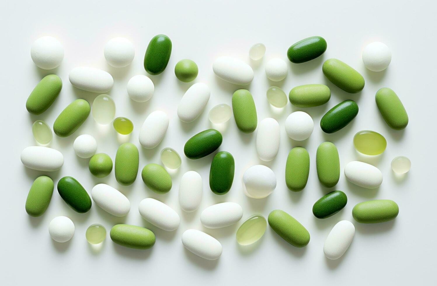 AI generated several green and white gel pills on white background photo