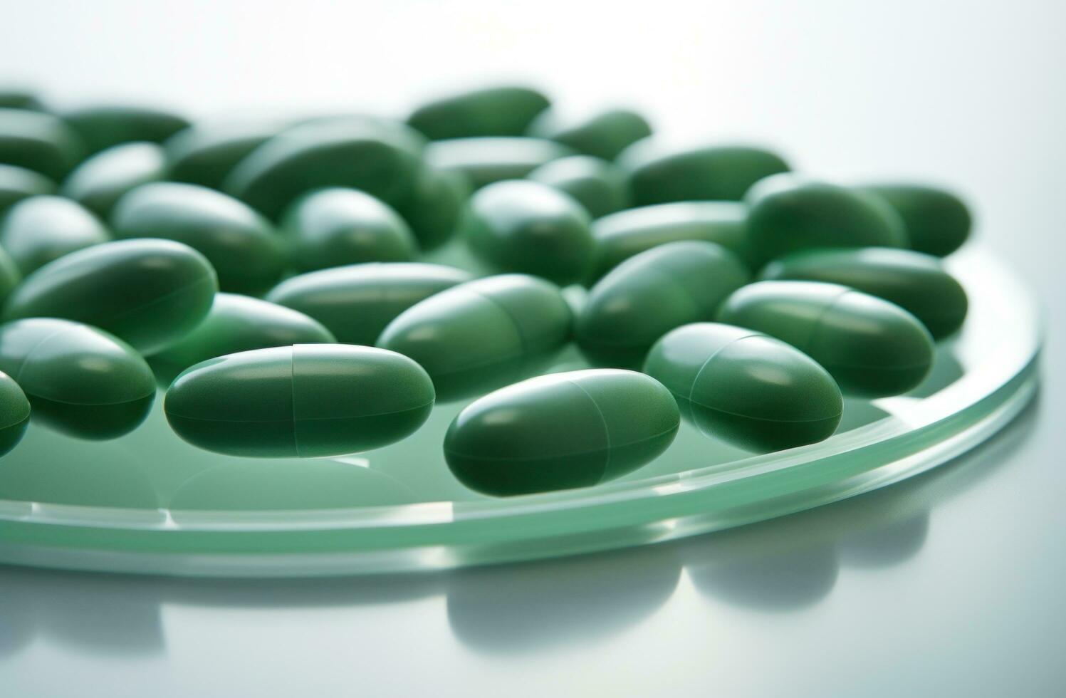 AI generated several green and white gel pills on white background photo