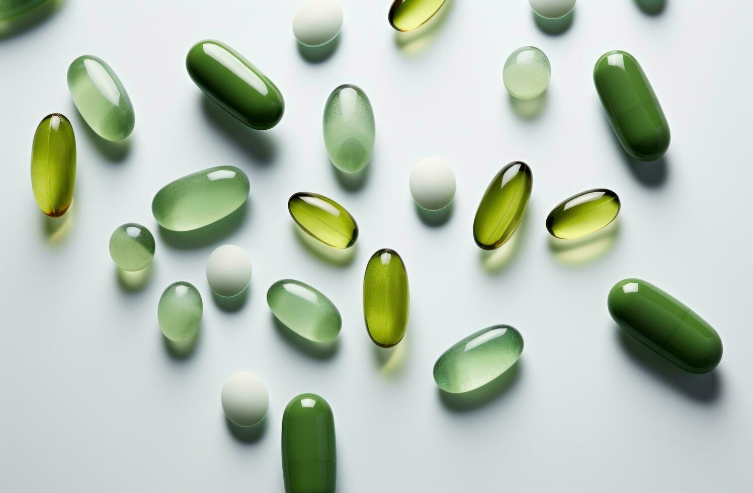 AI generated several green and white gel pills on white background photo