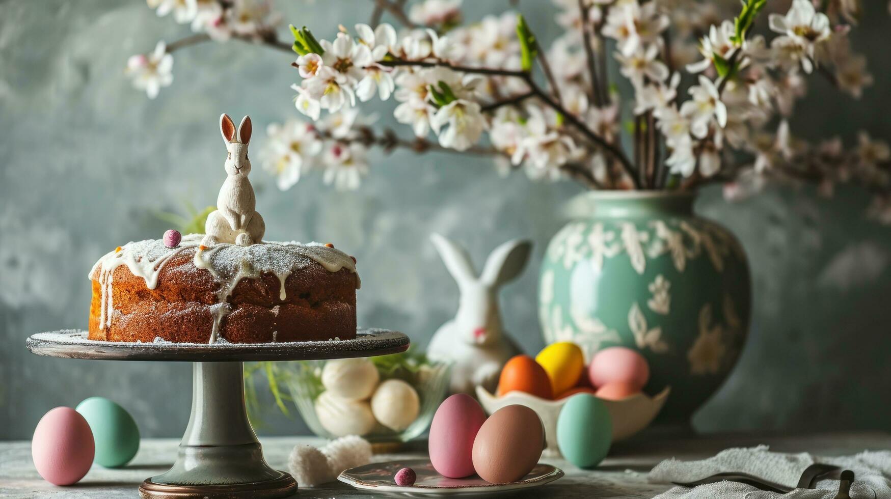 AI generated Stand with Easter cake, painted eggs and bunny photo